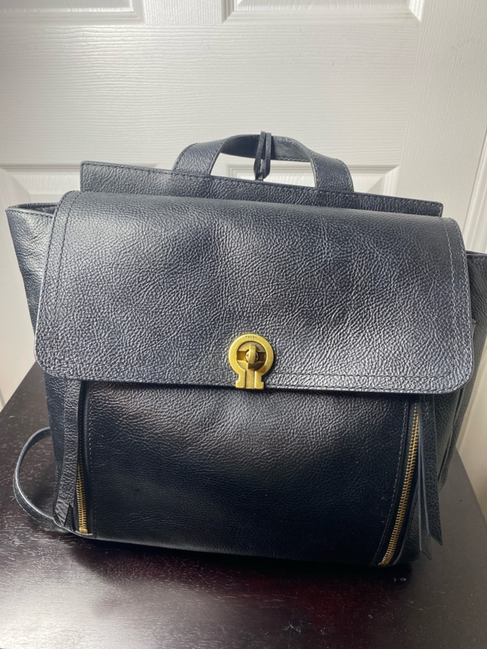 Fossil Black Leather Backpack with Gold Turnlock Accent
